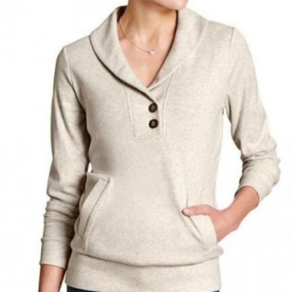 Banana Republic Oatmeal Shawl Collar Button Neckline Long Sleeve Sweatshirt